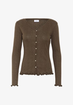 Brūns ribota garām piedurknēm kardigans ar V-veida dekoltē, pogu aizdari un volāniem uz piedurknēm un apakšmalas.