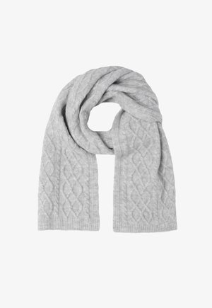 Écharpe tricotée gris clair avec motif torsadé, pliée en boucle avec deux extrémités pendant vers le bas.