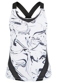 Marble-patterned tankini top with black accents, made of stretchy material. Features a scoop neckline and crisscross back design.