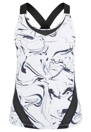 Tankini-Oberteil mit Marmor-Muster und schwarzen Akzenten, aus dehnbarem Material gefertigt. Mit einem runden Ausschnitt und einem kreuzgestreiften Rückendesign.