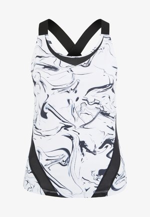 Tankini-Oberteil mit Marmor-Muster und schwarzen Akzenten, aus dehnbarem Material gefertigt. Mit einem runden Ausschnitt und einem kreuzgestreiften Rückendesign.