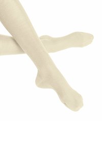 Calze al ginocchio beige con un motivo testurizzato a coste. Realizzate in un tessuto morbido, presentano una punta arrotondata e un design senza cuciture.