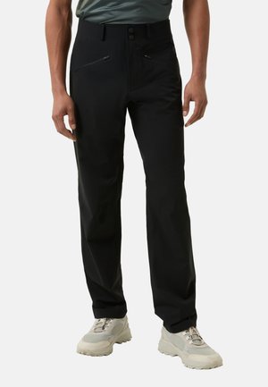 Zwarte outdoorbroeken met een elegant ontwerp, voorzien van twee ritssluitingen aan de voorkant, een knoopsluiting en een comfortabele tailleband.