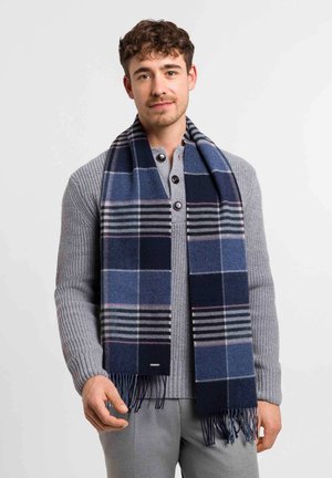 Dunkelblauer Karoschal aus weichem Stoff mit Fransen, der ein Gittermuster mit hellblauen und rosa Akzenten aufweist.