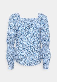 Blå blomstret bluse med elastisk firkantet udskæring, lange puffede ærmer og opsmøgede manchetter. Letvævet stof med et lille mønster.