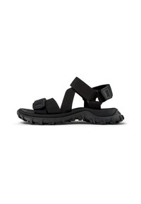 Svarte utendørs sandaler med tykke gummisåler, justerbare stoffremmer og en teksturert overflate; designet for komfort og holdbarhet.
