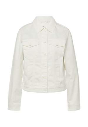 Witte denimjas met knoopsluiting, twee borstzakken met kleppen, lange mouwen en een klassieke kraag.