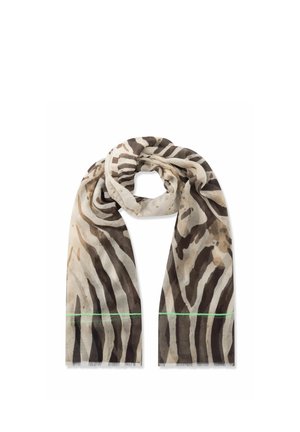 Lichtgewicht sjaal met bruine en beige zebraprint en een dunne groene horizontale lijn nabij de onderste randen, plat gelegd met een losse lus bovenop.