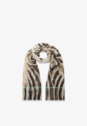 Leichter Schal mit braun-beigem Zebramuster und dünner grüner horizontaler Linie nahe den unteren Rändern, flach ausgelegt mit einer lockeren Schlaufe oben.