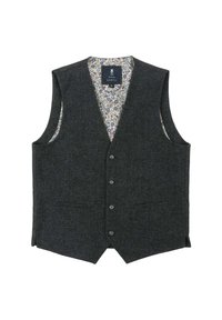 Wollweste, dunkelgrau, V-Ausschnitt-Design, fünfkn�öpfige Front, zwei Vorderseiten-Taschen, blumenmusterte Futter in kontrastierenden Farben.