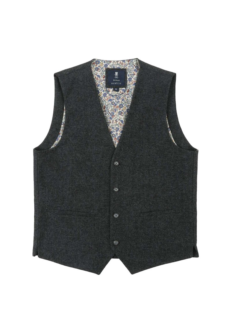 Wollweste, dunkelgrau, V-Ausschnitt-Design, fünfknöpfige Front, zwei Vorderseiten-Taschen, blumenmusterte Futter in kontrastierenden Farben.