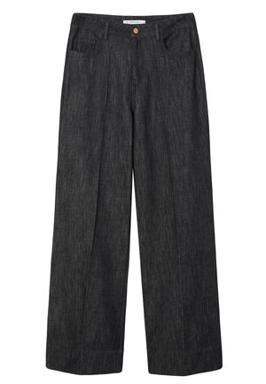 Tumši zili plaša piegriezuma džinsa bikses ar augstu jostasvietu, divām priekšējām kabatām, pogu aizdari un smalku vertikālu faktūru.