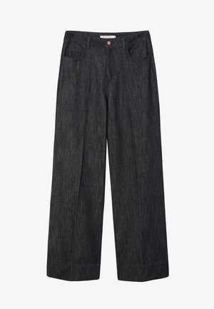 Pantalon large en denim foncé à taille haute, avec deux poches avant, une fermeture par bouton et une texture verticale subtile.