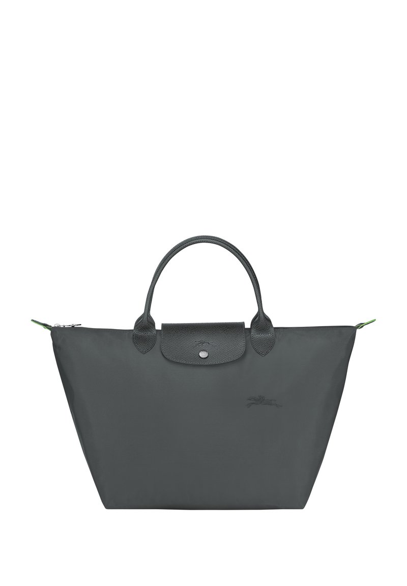 Gray nylon tote bag with leather accents, rounded handles, a snap closure, and a subtle logo detail. Smooth texture, spacious design.