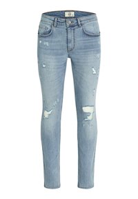 Jeans de mezclilla azul claro con corte ajustado, que presentan detalles desgastados y rodillas deshilachadas. Diseño clásico de cinco bolsillos con cremallera.
