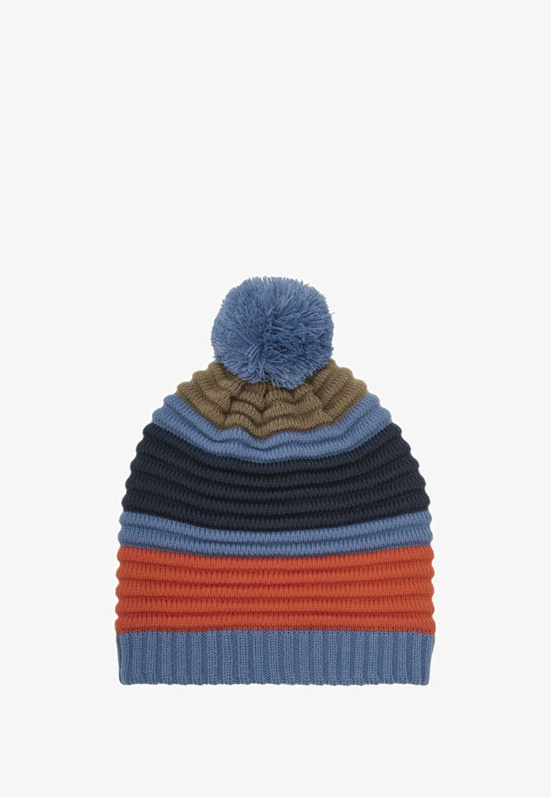 Gestrickte Mütze mit einem Bommel, mit horizontalen Streifen in Dunkelblau, Hellblau, Beige und Orange. Gerippte Textur mit einer weichen Oberfläche.