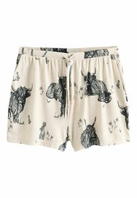 Pantaloni scurți bej cu desene negre conturate cu linii reprezentând vaci Highland și iepuri în mijlocul unor modele florale. Realizați dintr-un material moale, cu talie elastică și șnur reglabil.