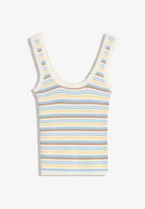 Csíkos, ribbelt tank top kék, sárga és barna színekben. Hullámos nyakkivágással és pántokkal rendelkezik, testhez simuló kialakítással és puha pamut textúrával.