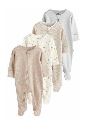 Vier Babystrampler in verschiedenen Farben: sanftes Rosa mit Sternen, cremefarben mit Mustern, blassgrau gestreift und einfarbig grau. Alle haben einen Reißverschluss und Fußgriffe.
