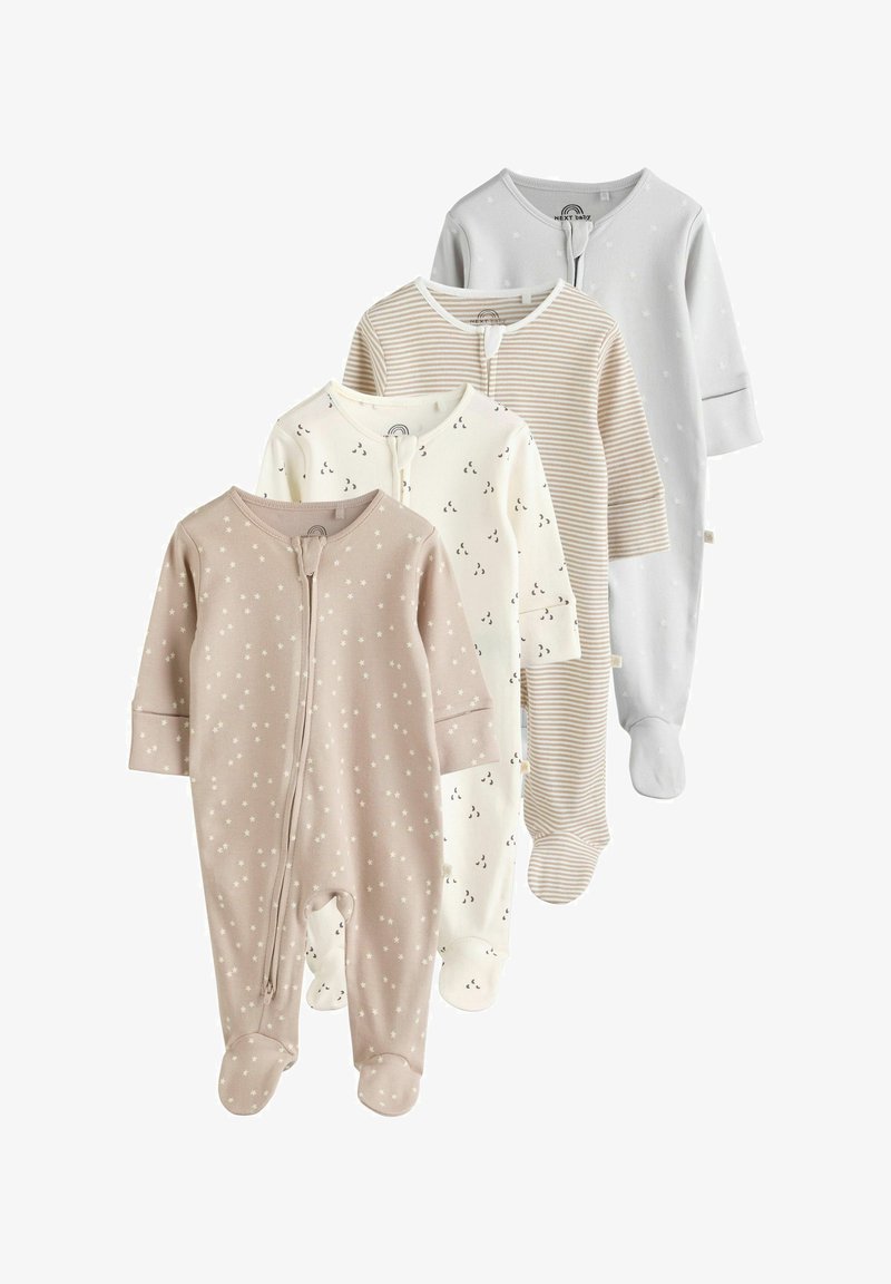 Vier baby slaapzakken met voetjes in pasteltinten, met patronen waaronder sterren, kersen en strepen, overlappend gerangschikt op een witte achtergrond.