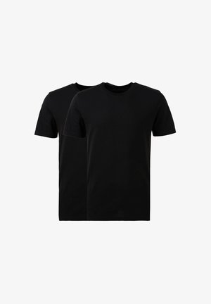 Due magliette nere in cotone a maniche corte con colletto tondo, caratterizzate da un design semplice e una texture liscia. Senza loghi o motivi presenti.