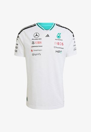 White short-sleeve jersey featuring a geometric texture, black accents on shoulders, and multiple sponsor logos in various colors.