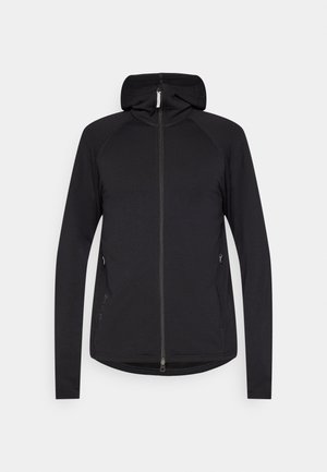 Sort zip-up hoodie med lange ærmer, frontlynlås, sidelommer og fast hætte, præsenteret på en hvid baggrund.