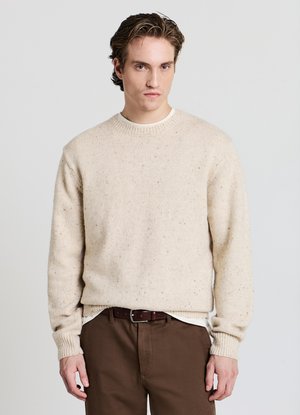 Maglione beige lavorato a maglia con scollo tondo e polsini a coste, caratterizzato da una finitura strutturata. Indossato sopra una maglietta bianca e pantaloni marroni.