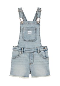 Jeansski kombinezon v svetlo modri barvi z nastavljivimi naramnicami, sprednjim žepom in kratkim robom. Obrušeni robovi in subtilna podrobnost zbledelosti po celotni površini.