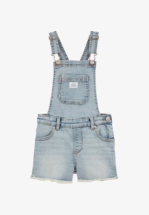 Šviesiai mėlyni džinsiniai džemperiai su reguliuojamomis petnešomis, priekinėmis kišenėmis ir trumpu apdailos ilgiu. Su dyzelėmis kraštinėmis ir subtiliu blukimo efektu visame gaminyje.