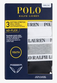 Kolme pakkausta tyttöjen bikinejä venyvää puuvillakankasta. Sisältää valkoiset, harmaat ja mustat mallit, joissa on kontrastivärinen 'POLO'-logolla varustettu vyötärönauha. Nuorten kokoja.