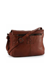 Borsa a spalla in pelle marrone con chiusura superiore con zip, tracolla regolabile e logo ancora in rilievo. Texture liscia e forma rettangolare.