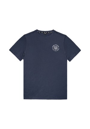 Marineblaues Baumwoll-T-Shirt mit Rundhalsausschnitt und kurzen Ärmeln, mit einem aufgedruckten Logo auf der linken Brust. Glatte Textur, reguläre Passform.