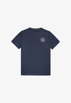 Marineblaues Baumwoll-T-Shirt mit Rundhalsausschnitt und kurzen Ärmeln, mit einem aufgedruckten Logo auf der linken Brust. Glatte Textur, reguläre Passform.