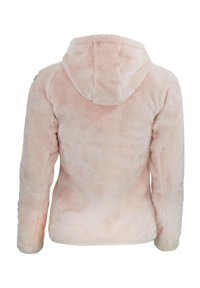 Veste en polaire rose clair avec capuche, présentant une texture douce et duveteuse ainsi que des manches longues. Fini lisse sans quincaillerie ni motifs visibles.