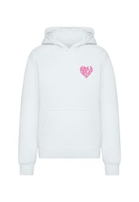 Biela mikina s kapucňou vyrobená z mäkkej látky, s ružovým srdcom a textom "MÁŠ SKVELÝ DEŇ" na ľavej strane hrude. Predné klokanie vrecko je súčasťou.