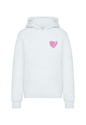 Hvid hættetrøje lavet af blødt stof, med et pink hjertegrafik og teksten "HAVE A GREAT DAY" på venstre bryst. Foran er der en kængurulomme.