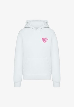 Hvid hættetrøje lavet af blødt stof, med et pink hjertegrafik og teksten "HAVE A GREAT DAY" på venstre bryst. Foran er der en kængurulomme.