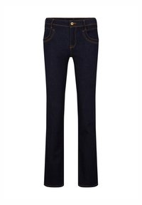 Mørkeblå denimjeans med rett passform, med gul søm, fem-lomme design og metallknapp i midjen.