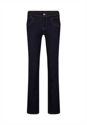 Dark blue denim jeans with a straight fit, featuring yellow stitching, five-pocket design, and a metal button closure at the waist.