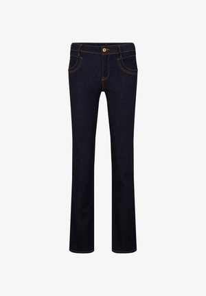 Dark blue denim jeans with a straight fit, featuring yellow stitching, five-pocket design, and a metal button closure at the waist.