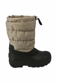 Schwarzer Gummistiefel mit einem gesteppte, beige Stoffoberteil. Verfügt über einen Kordelzugverschluss oben und eine profilierte Sohle für besseren Halt.