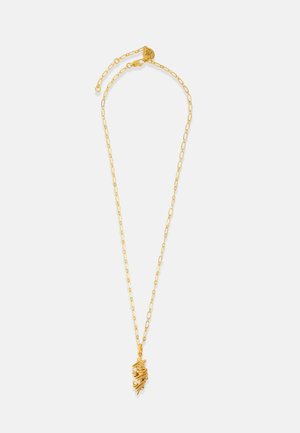 Χρυσό κολιέ με λεπτή αλυσίδα και υφασμένο μενταγιόν που μοιάζει με κατσαρές κλωστές. Διαθέτει κούμπωμα σπριγκ ρινγκ για ασφαλή κλείσιμο.