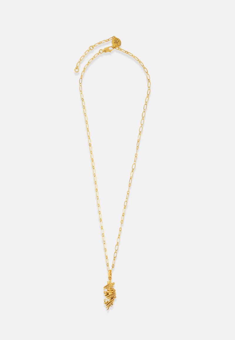 Colier din aur cu un lanț delicat și un pandantiv texturat ce îmbină fire răsucite. Dispune de un închizător cu arcul pentru o închidere sigură.