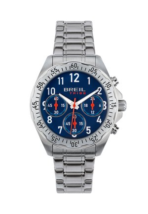 Sølv metal armbåndsur med blå skive, tre kronograf underure med røde visere, hvide timemarkører og "BREIL TRIBE" branding.