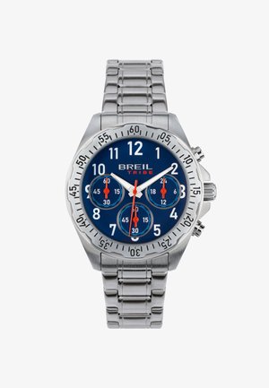 Sølv metal armbåndsur med blå skive, tre kronograf underure med røde visere, hvide timemarkører og "BREIL TRIBE" branding.