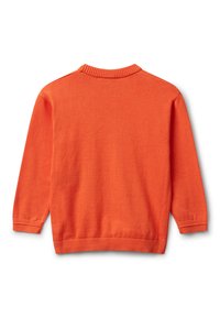 Maglione arancione brillante a maniche lunghe con colletto, polsini e fondo a costine, mostrato da dietro su uno sfondo bianco.