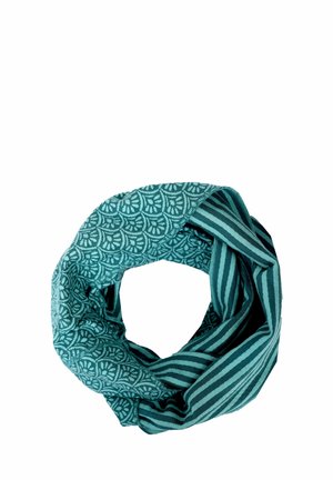 Türkiser Infinity-Schal mit einer gemusterten Seite mit Blattmotiven und einer gestreiften Seite, hergestellt aus weichem Stoff mit glatter Textur.