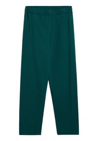 Pantalons teal avec une texture lisse, taille élastique, coupe droite et plis à l'avant, conçus pour le confort et la liberté de mouvement.