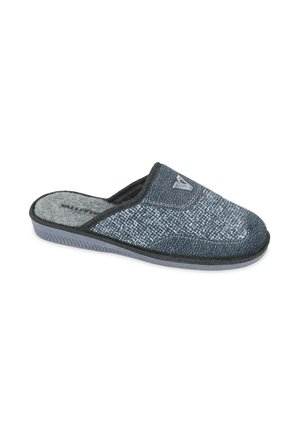 Pantofole in tessuto grigio e blu con superficie strutturata, punta arrotondata e suola in gomma flessibile. Presentano un piccolo emblema nella parte superiore.